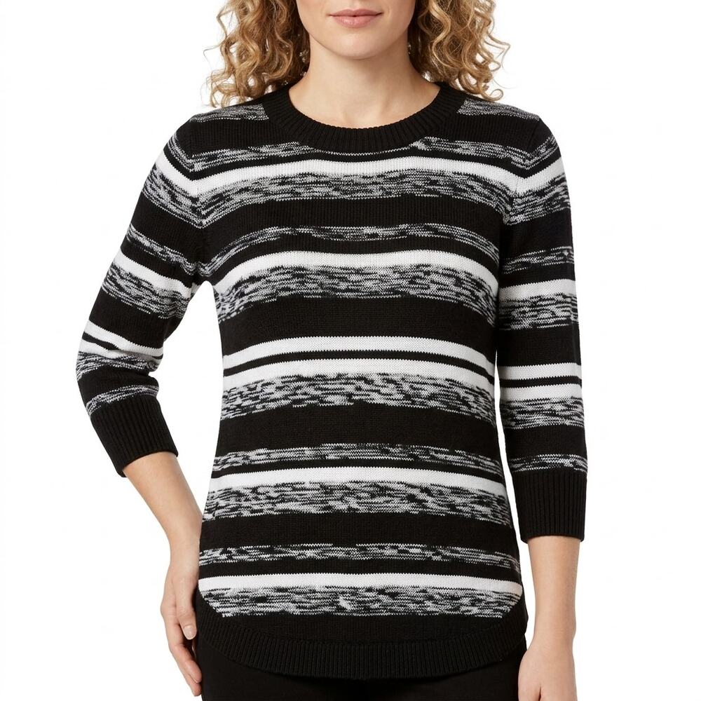 NY Collection Black Striped Knit Pullover Sweater Women Petite Size M